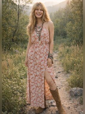 Forever 21 Coral Sunflower Halter Maxi Dress Size S